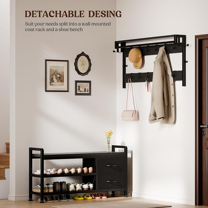 Lulive Hall Tree with Bench and Shoe Storage, 39.4” Entryway Bench with Coat - Image 6