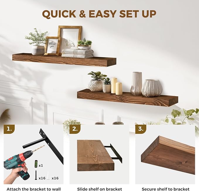 36x8x1.6 inch Floating Shelves Set of 2 – Solid Wood Rustic Brown Wall Mounted - Image 5