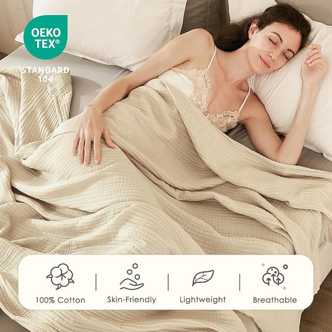 EMME Cotton Blanket Queen Size for Bed Soft Muslin Bed Blankets 90"x90" Beige - Image 2