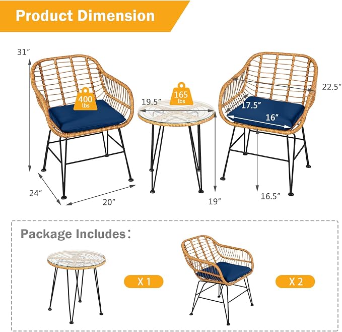 Tangkula 3 Pieces Patio Bistro Set, Rattan Conversation Set - Image 5