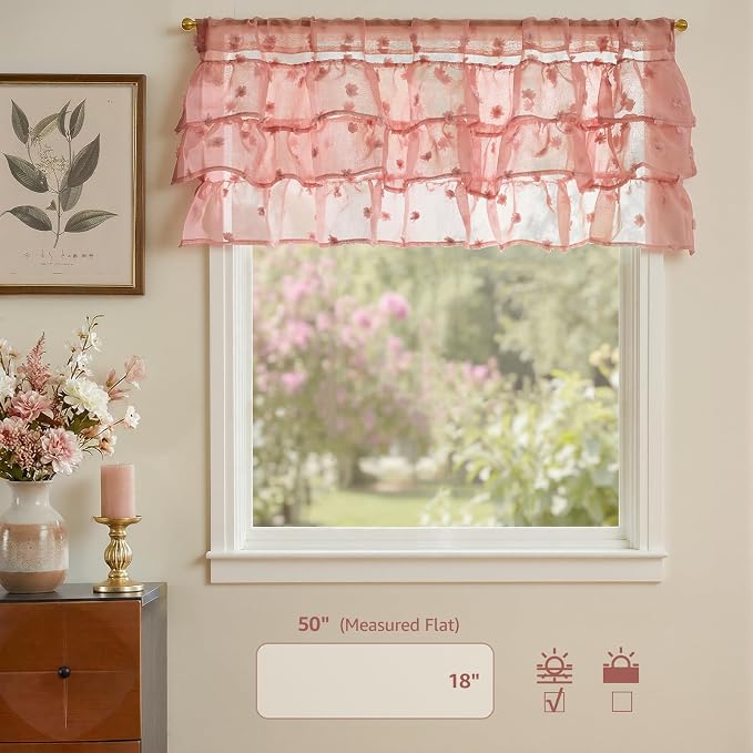 jinchan Ruffled Kitchen Valance Pom-Pom Voile Valance Curtains Sheer Shabby - Image 5