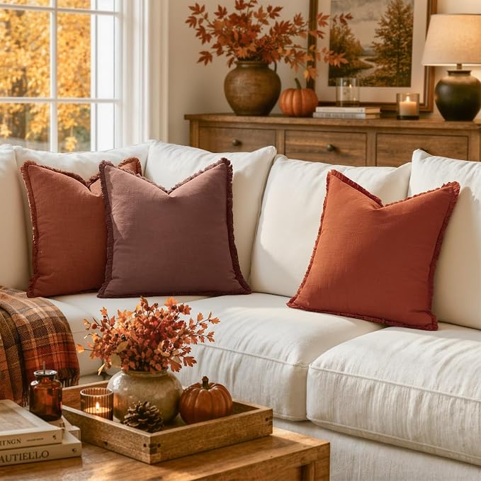 MIULEE Linen Fringe Decorative Fall Throw Pillow Covers Autumn Glaze 18x18 | - Image 2