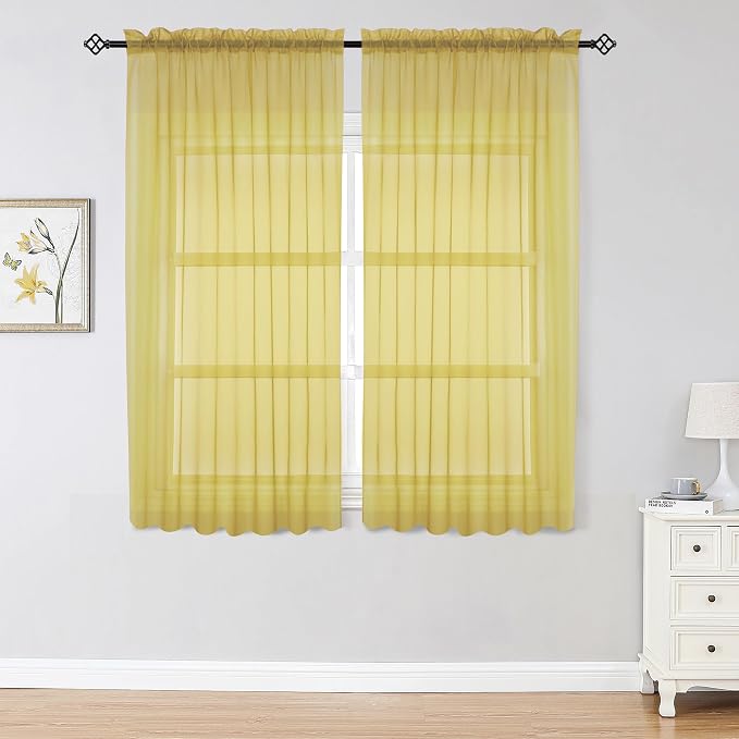 Sheer Curtains 63 inch Length 2 Panels Set, Ivory Sheer Cutains Short Curtains by OWENIE