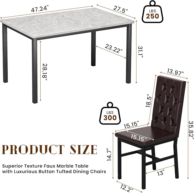 Hooseng Dining Table Set for 4, Faux Marble Small Kitchen Table Chairs Set of 4 - Image 3