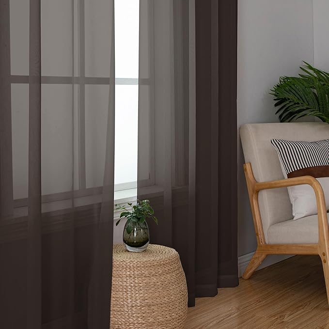 Chyhomenyc Sheer Curtains 63 Inch Length 2 Panels, Chocolate | Light Filtering - Image 4