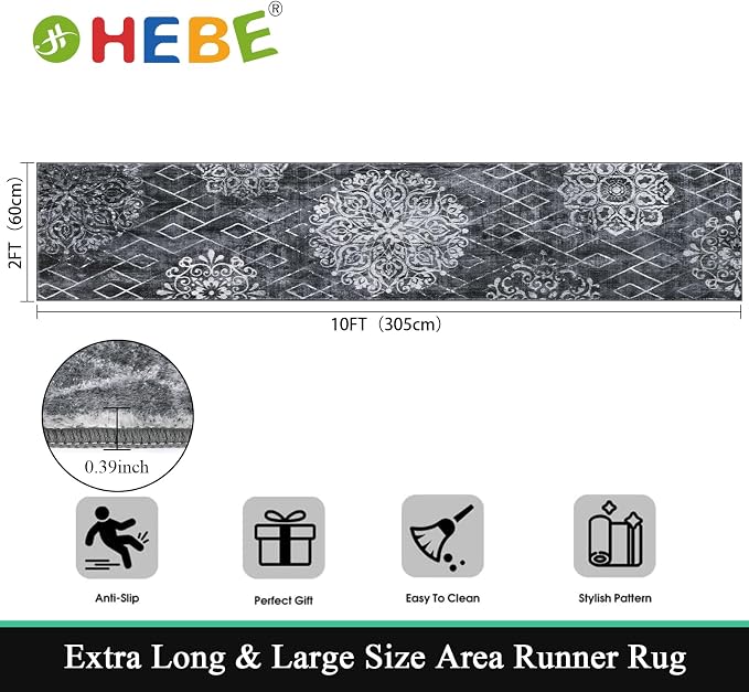HEBE Hallway Runner Rug 2'x10', Washable Non Slip Kitchen Rug Runner | Soft - Image 2