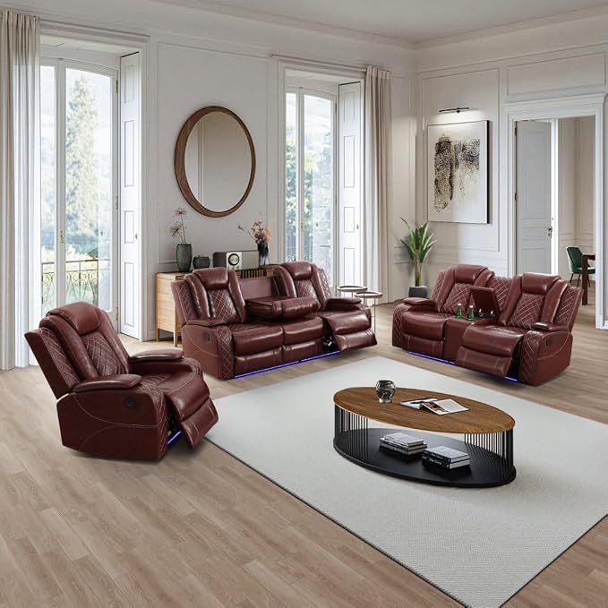 Power Recliner Sofa Set with LED, Leather Reclining Sofa Set, Living Room - Image 8
