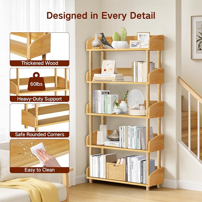 5-Tier Wooden Bookshelf, Modern Open Bookcase - Image 4