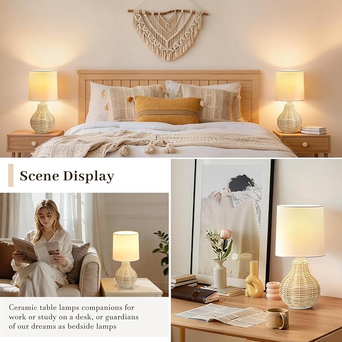 EJIAXIN Rattan Table Lamp Boho Lamps Set of 2-12.5" Mini Farmhouse Wicker Light - Image 3