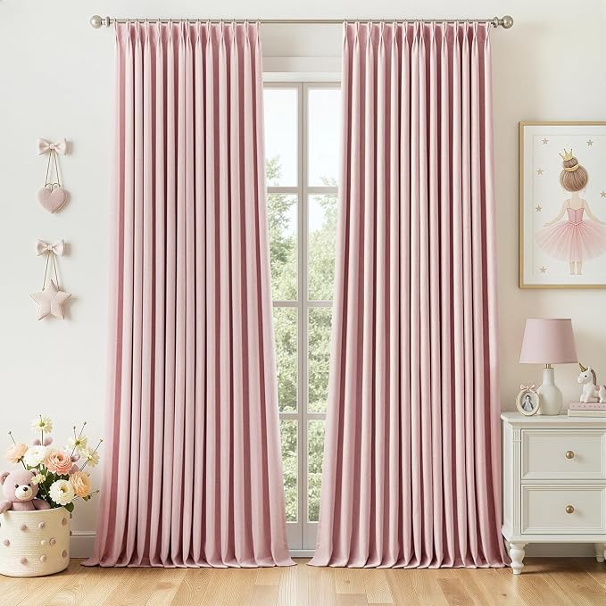 MIULEE Pink Pinch Pleated 100% Blackout Linen Curtains 40x108 Inches | Room by MIULEE