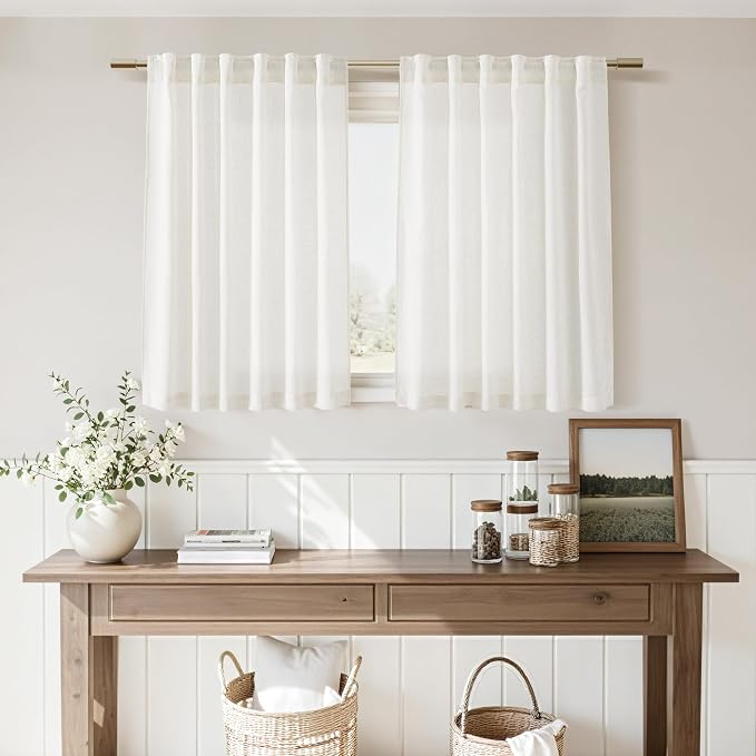 Beige White Kitchen Curtains 36 Inch Length, Linen Blend Small Cafe Curtain - Image 7