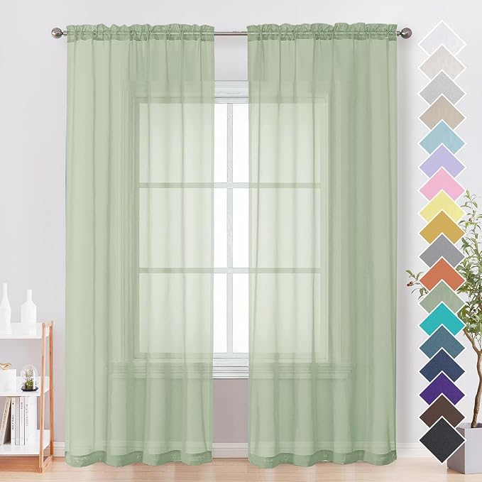 Light Green Sheer Curtains 96 Inches Long 2 Panels by OVZME