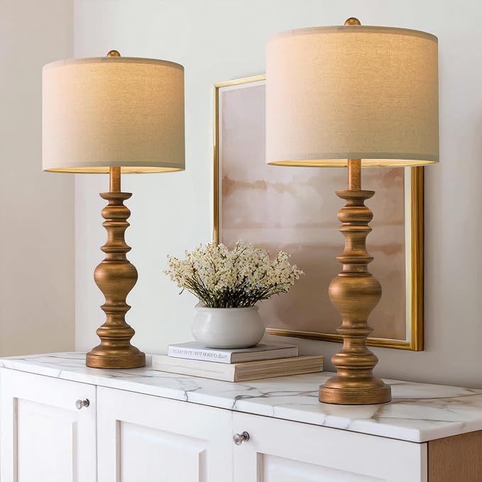 BOBOMOMO 27" Antique Gold Table Lamps Set of 2, Elegant Large Resin Lamps - Image 4