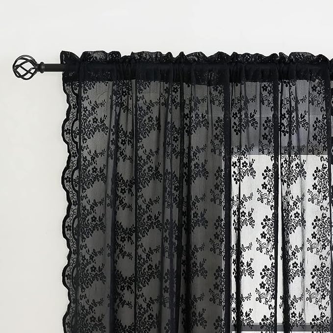 YJ YANJUN Vintage Lace Curtains 90 Inches Long- Victorian Floral Pattern Black - Image 2