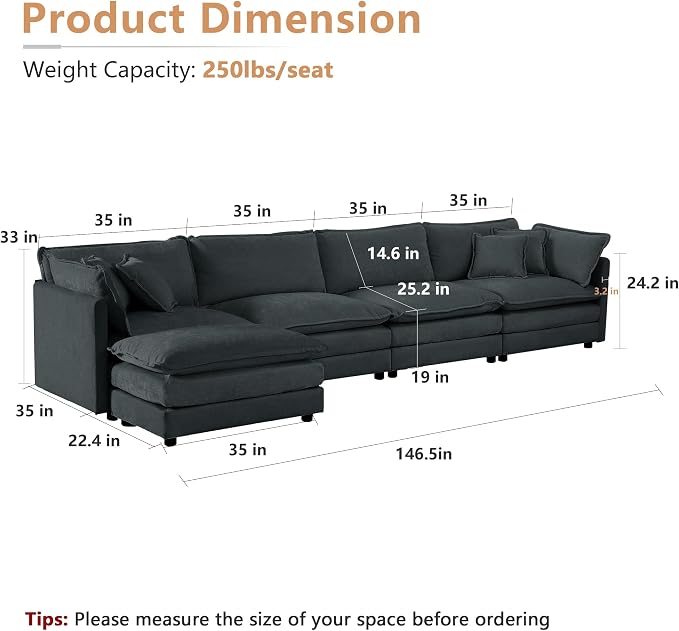 mikibama Modular Sectional Sofa, 146.5 Inch L Shaped Couch Set - Image 2
