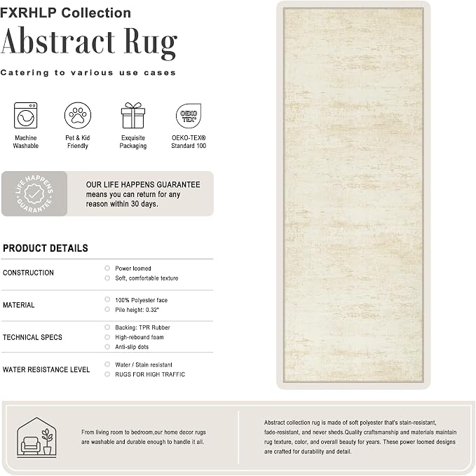 3x8 Washable Runner Rug：Modern Abstract Kitchen Soft Carpet Beige | - Image 2