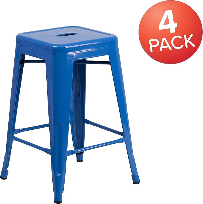 Flash Furniture Lily 4 Pack Commercial Grade 24" High Backless Blue Metal - Image 4