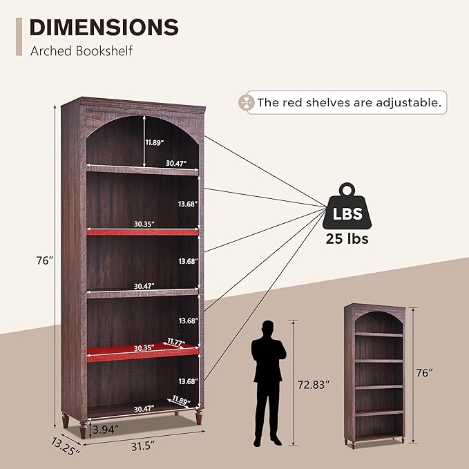 IFGET 76" Tall Arched Bookcase, Farmhouse 5 Tiers Large Arched Bookshelf Cabinet - Image 2