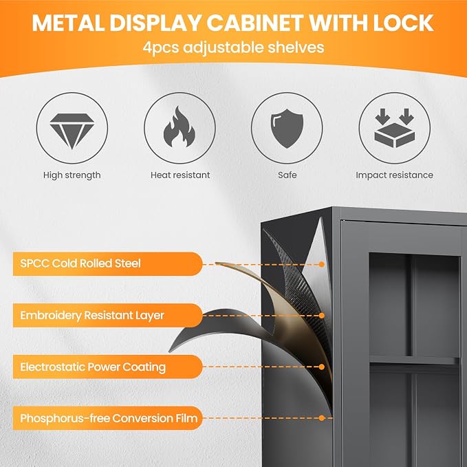 Locking Display Cabinet with Glass Door, 71”H Metal Curio Cabinets with - Image 6