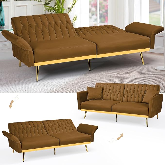 70” Velvet Futon Sofa Bed with 2 Pillows and Adjustable Armrests, Convertible - Image 4