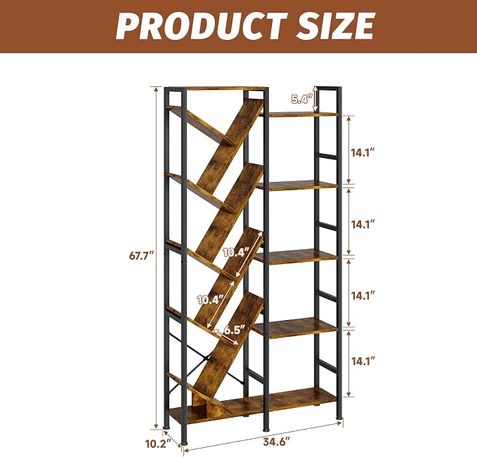 5-Tier Double Wide Bookshelf 67", Industrial Tree BookShelves, Vintage Storage - Image 2