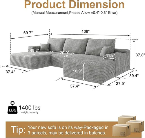 108" Sectional Couches for Living Room Cloud Couch Sofa - Image 2