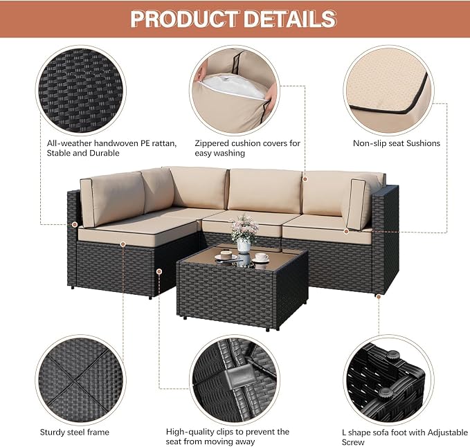 JAMFLY 5-Piece Patio Furniture Set, All-Weather Wicker Outdoor Sectional Sofa - Image 5