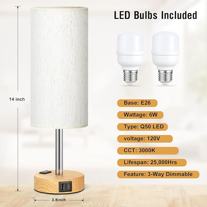 Fenmzee Small Touch Table Lamps Set of 2-3-Way Dimmable, USB A + C Charging - Image 4