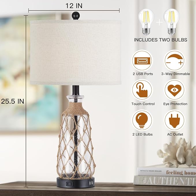 Ruzectt 25.5" Coastal Glass Table Lamps Set of 2, 3-Way Dimmable Touch Control - Image 4