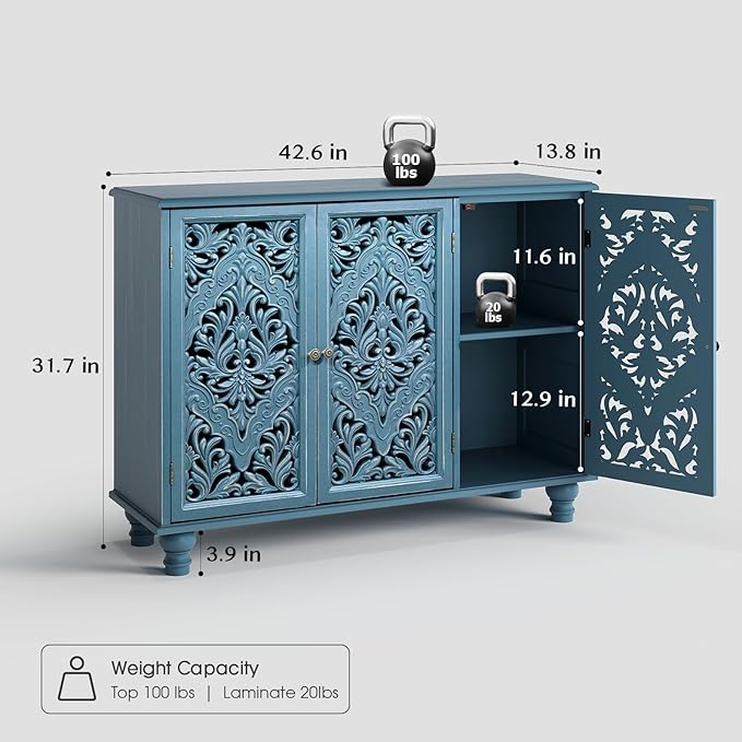 JOINICE Accent Cabinet with 3 Carved Doors, Distressed Blue Sideboard Buffet - Image 2
