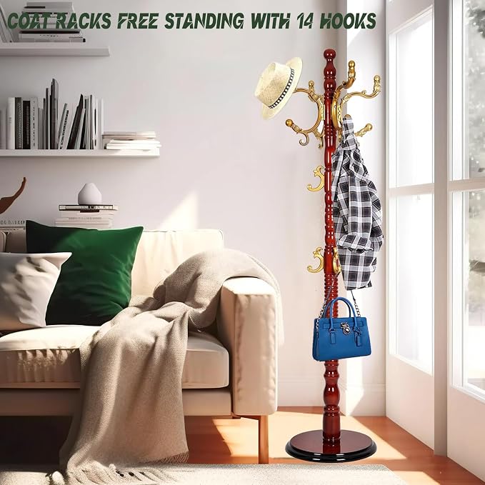 73" Wooden Coat Rack Stand, Coat Racks Freestanding - Image 2