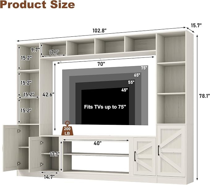 103" TV Stand for TVs up to 75", Wall Unit Multifunctional Entertainment Center - Image 2