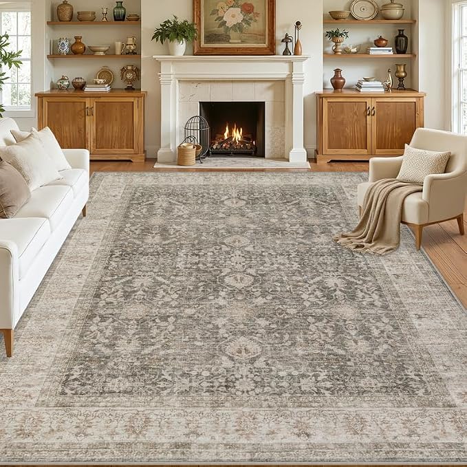 10x14 Area Rugs Living Room: Bedroom Washable Carpet Warm Taupe | Vintage Boho - Image 8