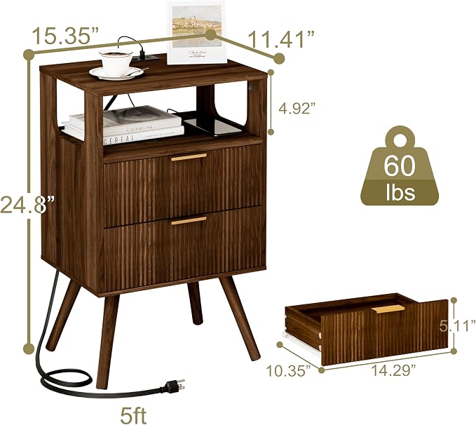 JOONEE Nightstand with Charging Station and LED Lights, Modern Bedside Table - Image 2