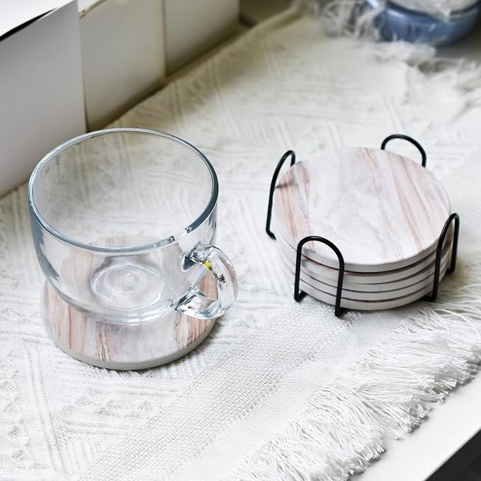 6Pcs Drink Coasters with Holder, Marble Style Ceramic Drink Coaster, Absorbent - Image 6
