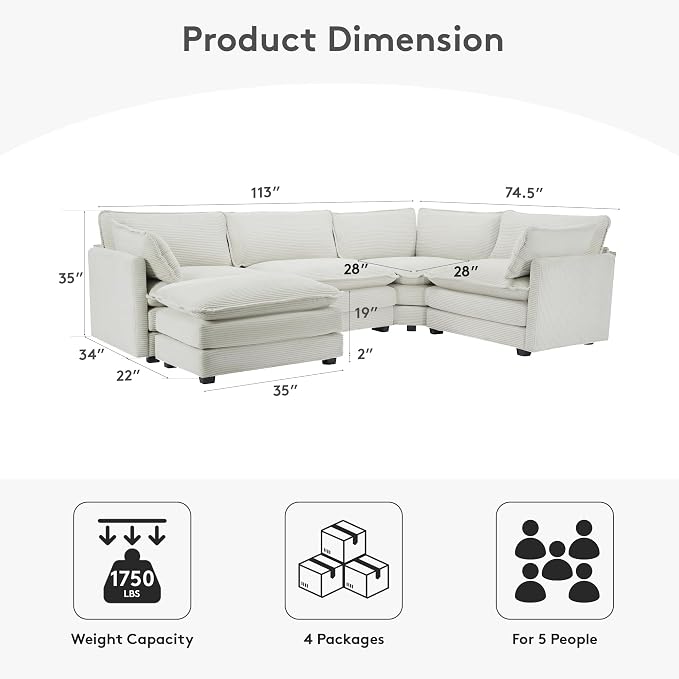 ROWHY 113'' Sectional Cloud Couch, 5 Seater Modular Corner L Shape Sofa Big - Image 2