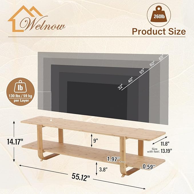 Welnow Low Bamboo TV Stand for Up to 65 Inch, Small Mid Century Modern - Image 2