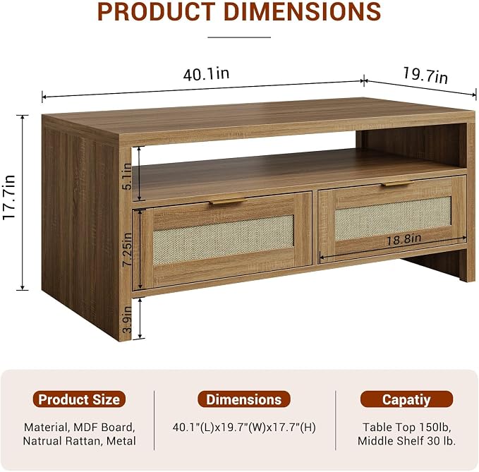 Garvee Boho Coffee Table with Storage, 2 Tiers Wooden Center Coffee Table - Image 2