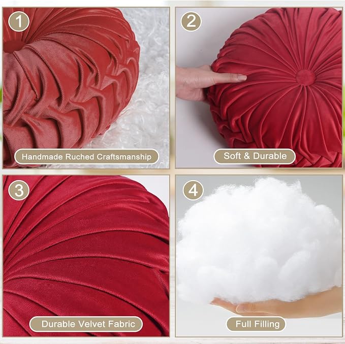 HIG Set of 2 Red Velvet Decorative Round Pleated Throw Pillows | Vintage Floor - Image 3