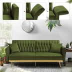 70” Velvet Futon Sofa Bed w/Adjustable Armrests & 2 Pillows, Convertible Futon - Image 2
