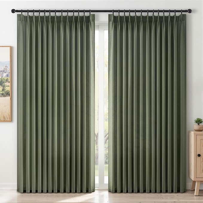 Topfinel Olive Green Pinch Pleated Linen Curtains 84 Inch Length 2 Panels by Topfinel