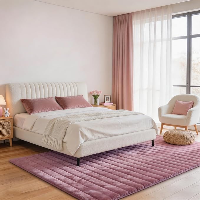 Dusty Rose Rabbit Striped Plush Rug 5'x8', Fluffy Shaggy Area Rug - Image 2