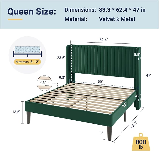Allewie Queen Size Bed Frame/Velvet Upholstered Platform Bed/Vertical Channel - Image 2