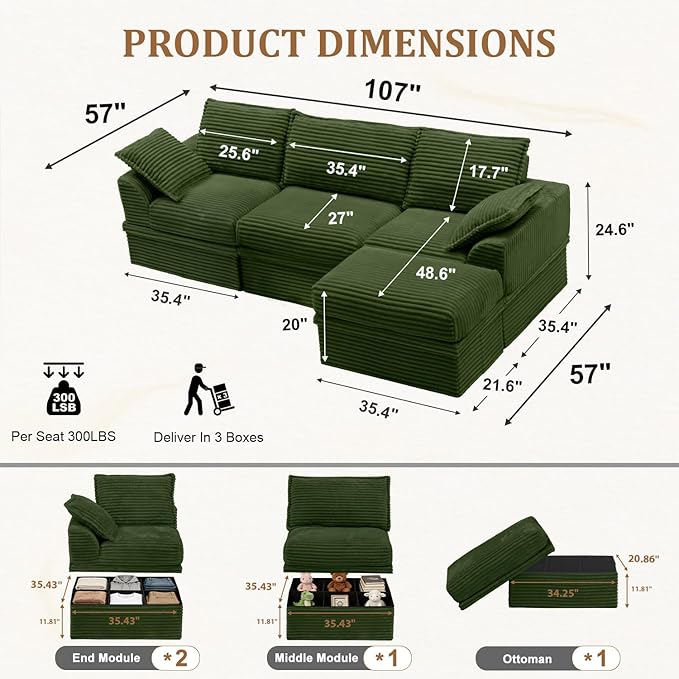 Upgrade Boneless Couch with Storage, Extra Deep&High Seat Modular Sectional - Image 3