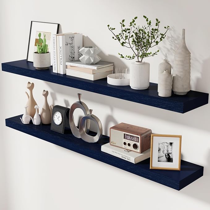 fuqing Dark Blue Floating Shelves 48 Inch, Solid Wooden Wall Shelves Set of 2 by Fuqing