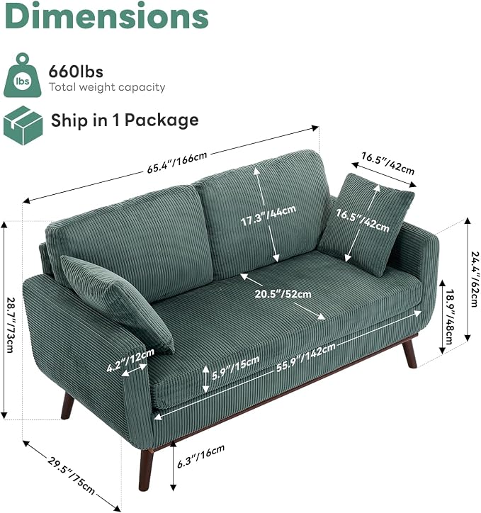Kingfun 65" Corduroy Love Seat - Image 2