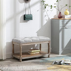 Farmhouse Storage Bench Wooden Entryway Linen Upholstered Ottoman Button Tufted - Image 6
