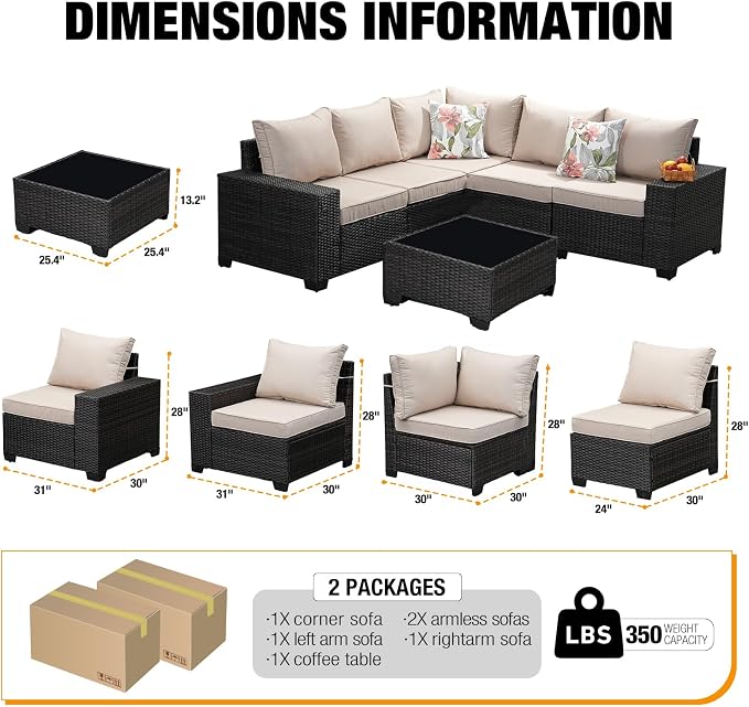 JOYURE 6 Pieces Patio Furniture Set All-Weather Outdoor Wicker Sectional - Image 3