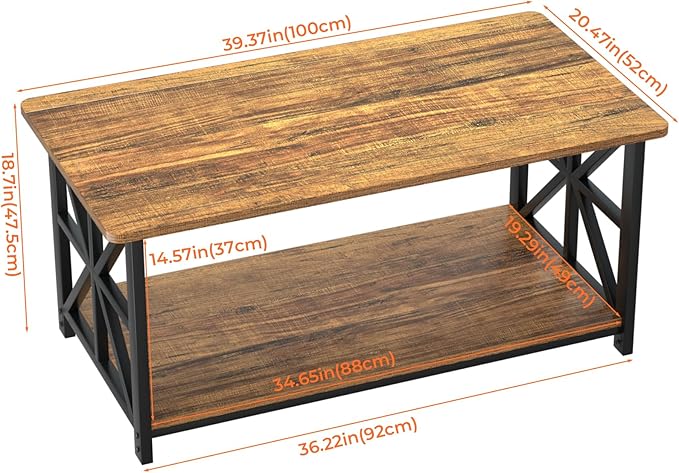 GreenForest Coffee Table with Round Corner, Farmhouse Center Table with 2-Tier - Image 3