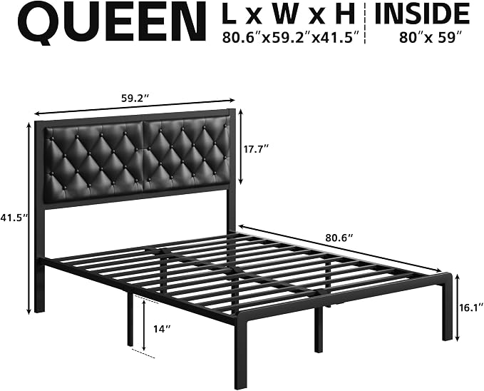 Fluest Queen Bed Frame with Headboard PU Leather Upholstered Bed Frame Platform - Image 2